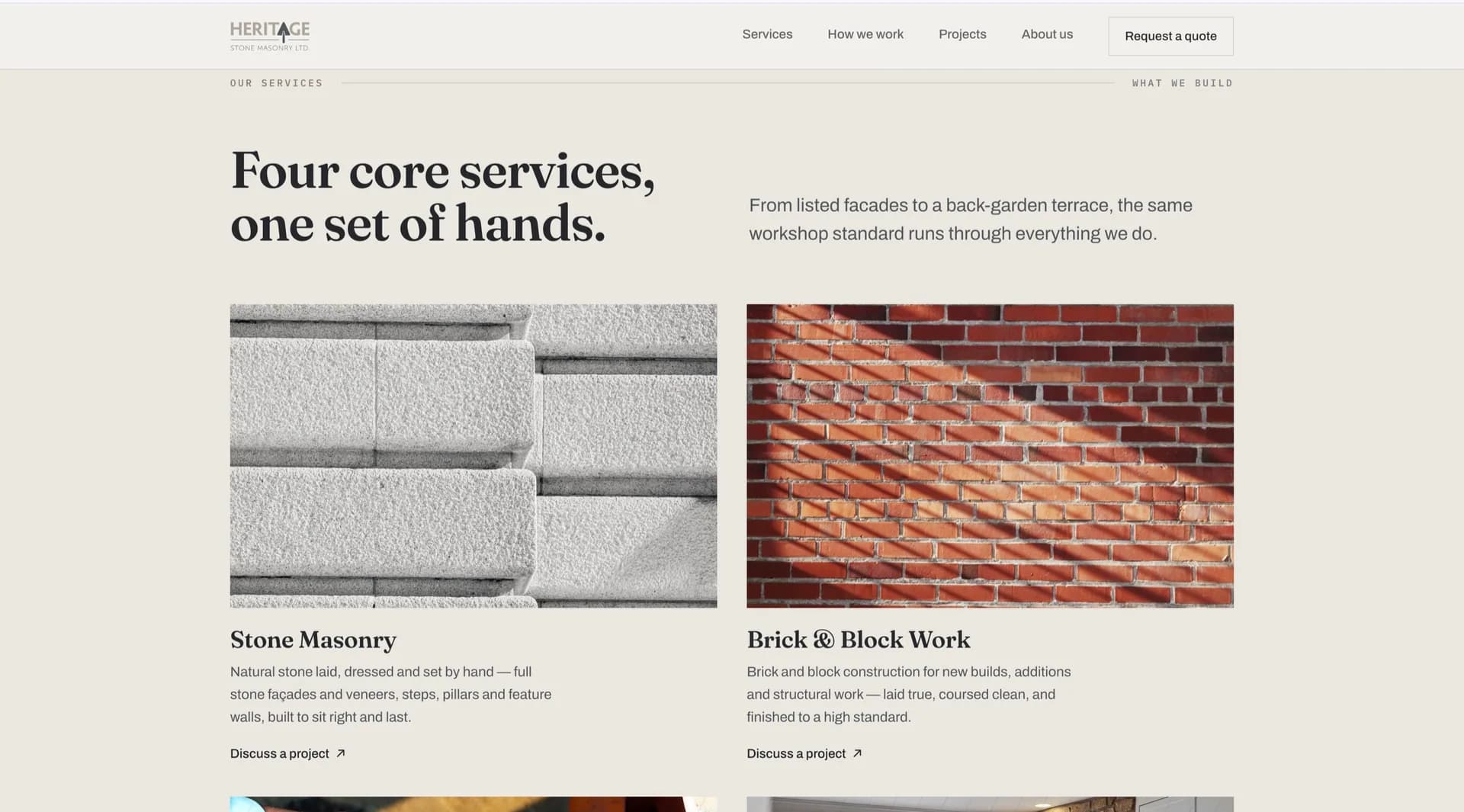The Heritage Stone Masonry services section, headed “Four core services, one set of hands”, with close photographs of dressed stone and brickwork.