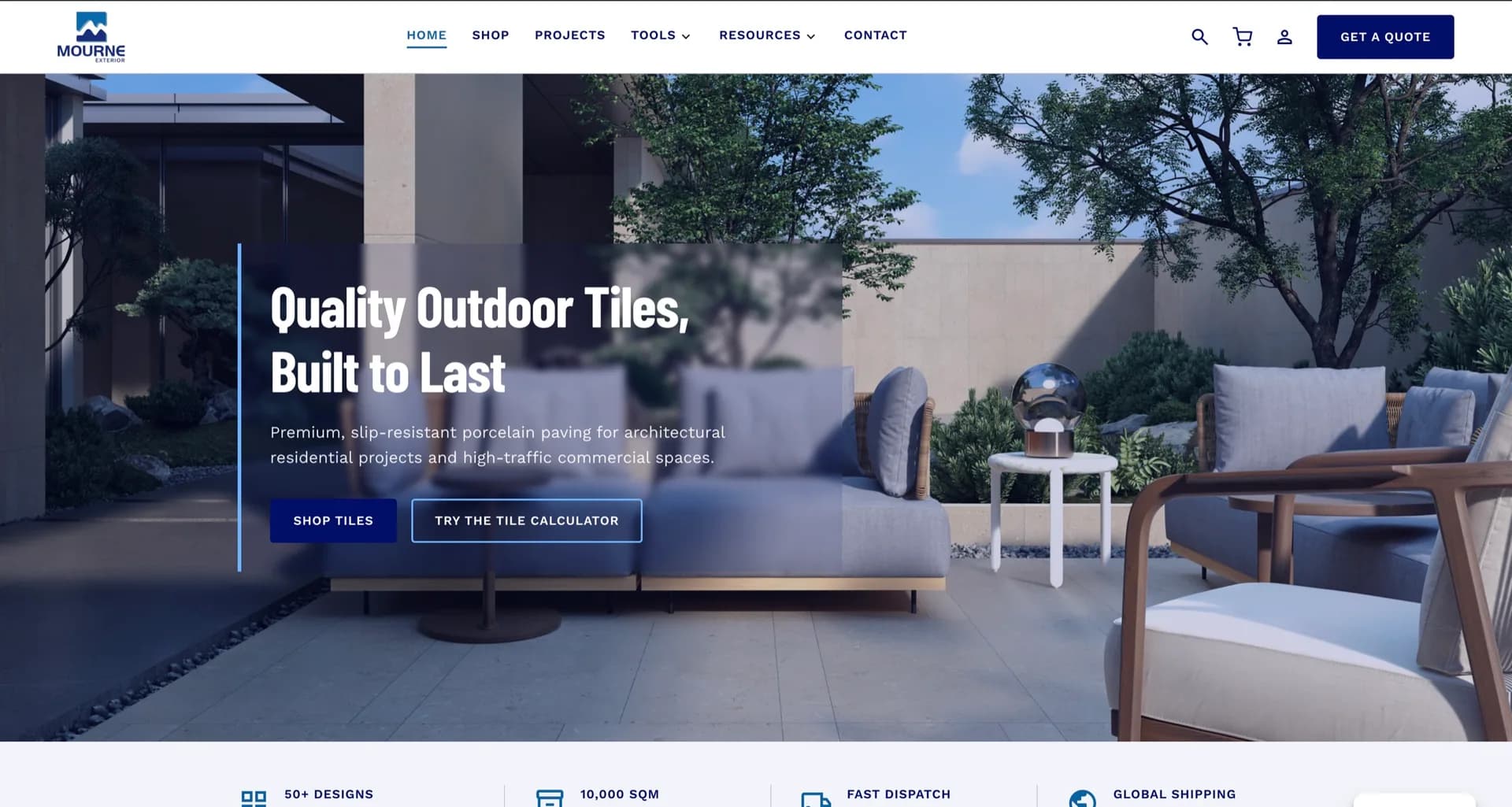 Mourne Exterior homepage: a full-width photograph of a porcelain-paved terrace behind the headline “Quality Outdoor Tiles, Built to Last”, with shop and tile calculator buttons.
