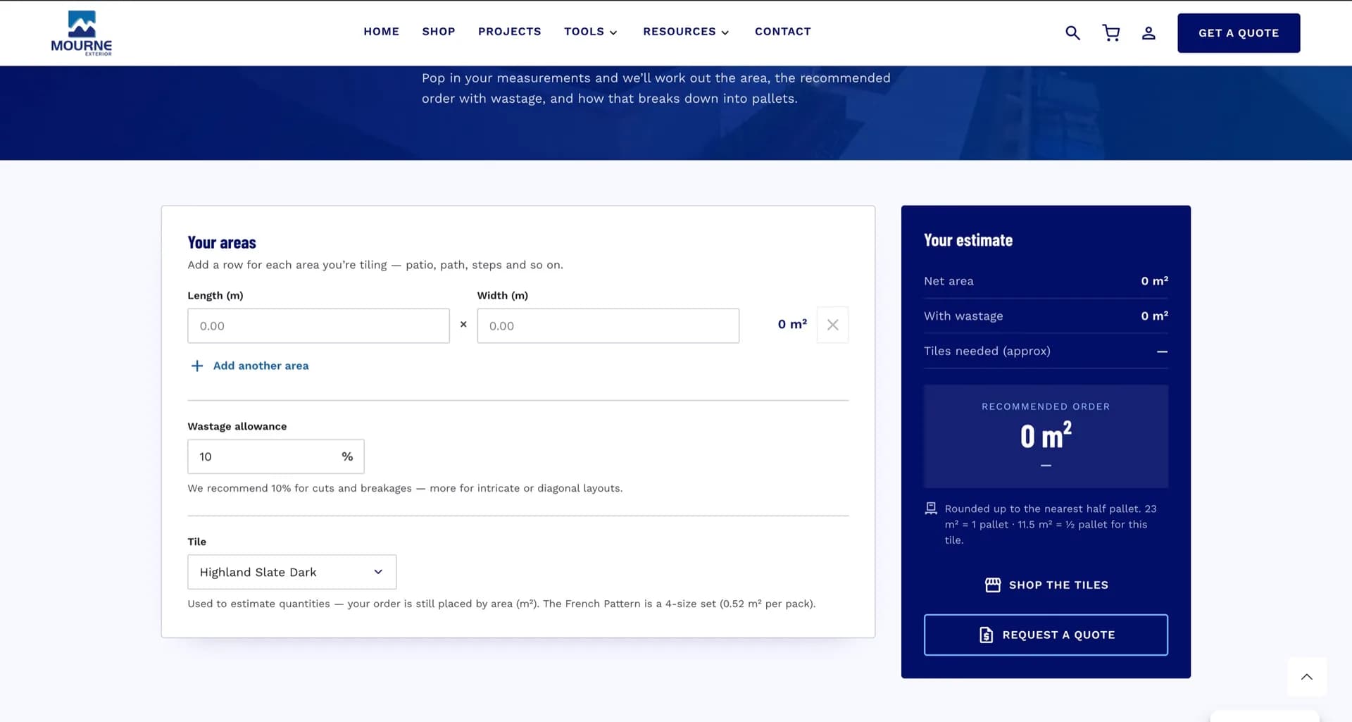 The Mourne Exterior tile calculator, converting entered area measurements and a wastage allowance into a recommended order with buttons to shop the tiles or request a quote.
