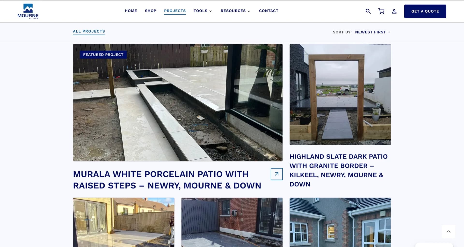 The Mourne Exterior projects section, showing completed patio and paving installations as a grid of photographed case studies.