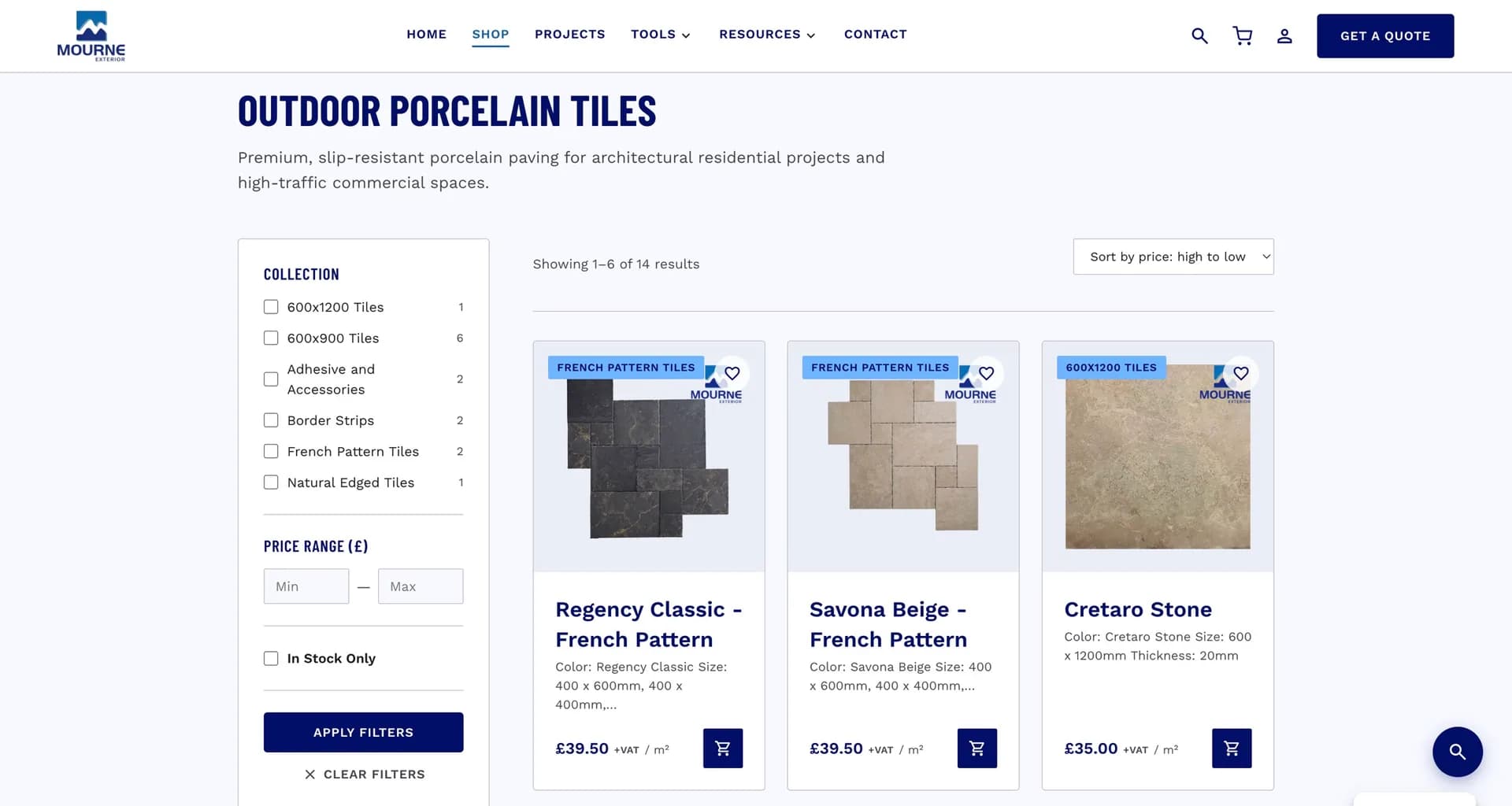 The Mourne Exterior shop, listing outdoor porcelain tiles with collection and price filters alongside product cards priced per square metre.