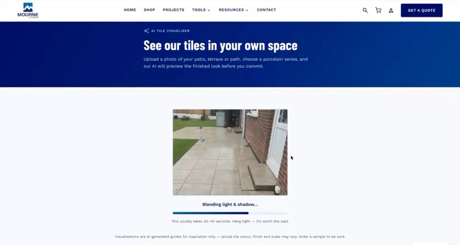 The AI tile visualiser on Mourne Exterior, processing an uploaded photograph of a customer's patio with the note that visualisations are AI-generated guides.